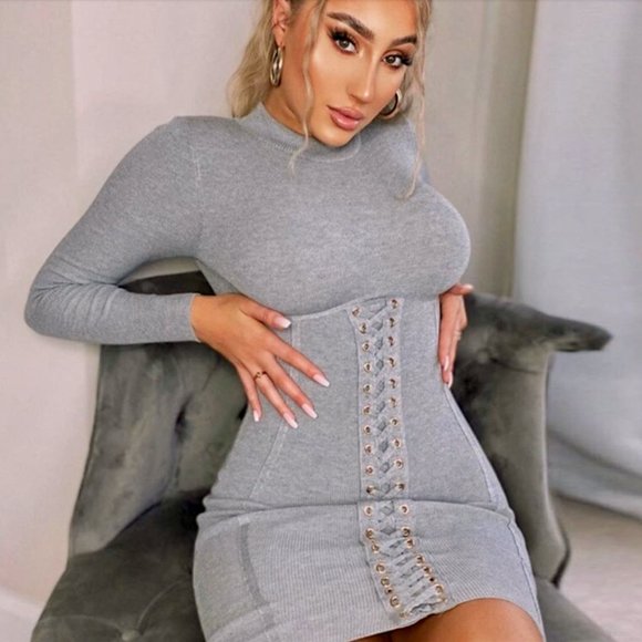 Dresses & Skirts - LAST MEDIUM Heather Gray Lace Up Corset Long Sleeve Mini Sweater Dress